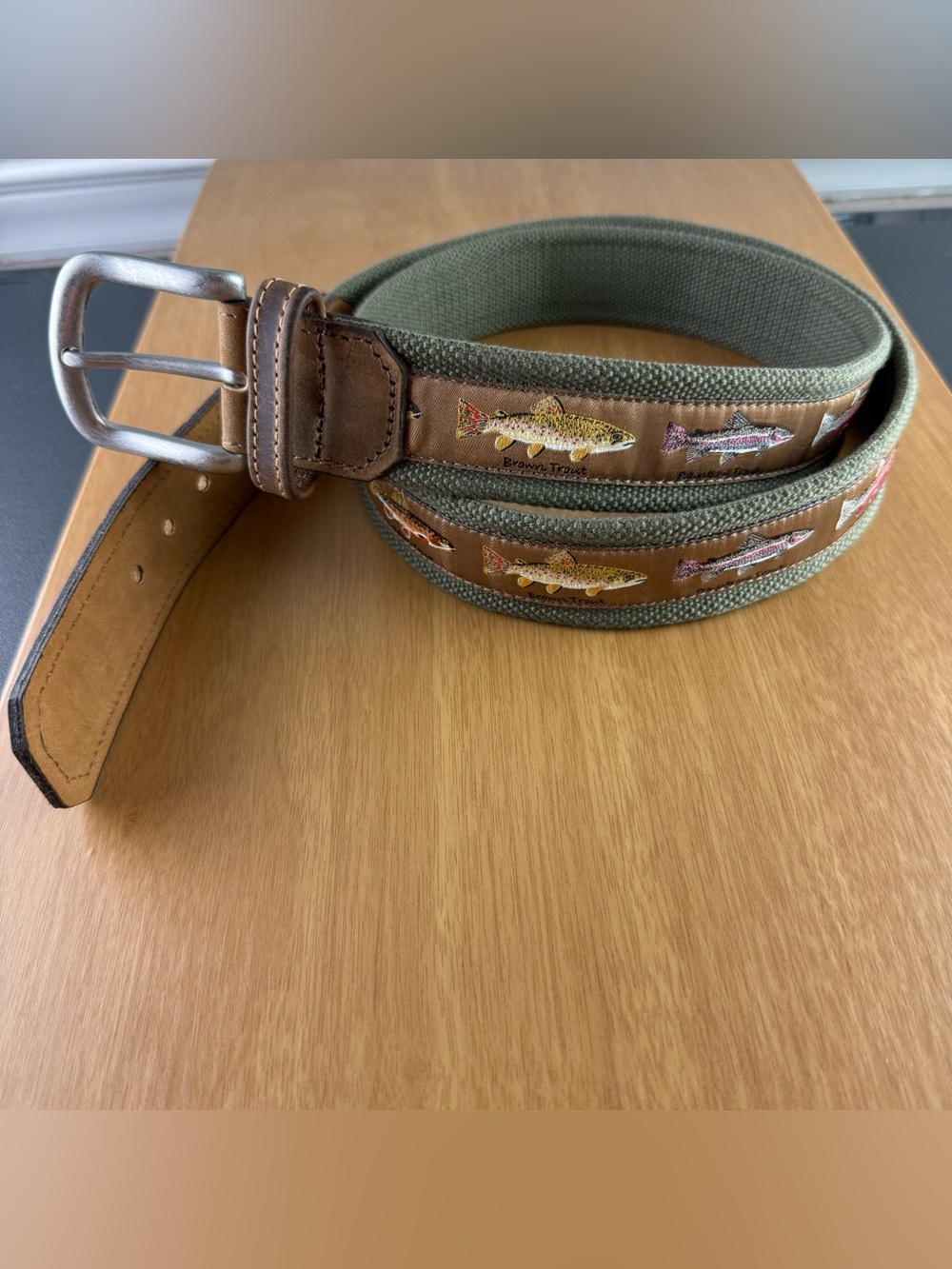 Trout Fly Fishing AOP Rainbow Brown Bison Designs USA Made Men’s Belt size 42
